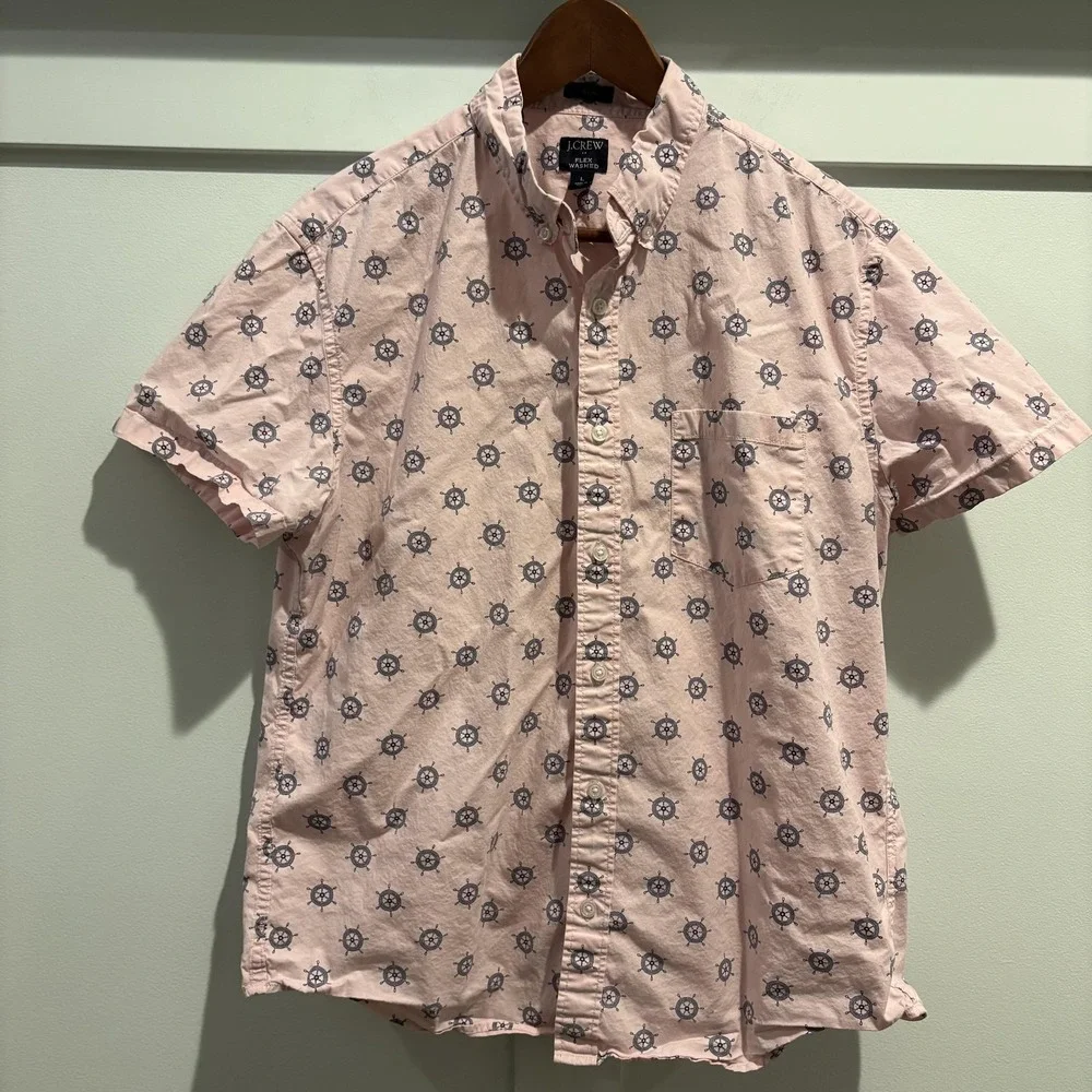 J.Crew Flex Washed Shirt‎ Mens L Pink Ship Wheel Nautical Button Up Slim Cotton